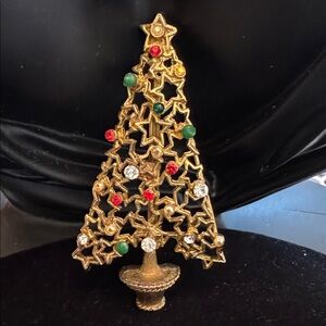 Vintage Tancer II Gold Tone Christmas Tree Brooch with Colorful Accents